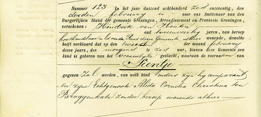 Geboorteakte Sientje van Houten, 1876 is wel beschikbaar op Alle Groningers